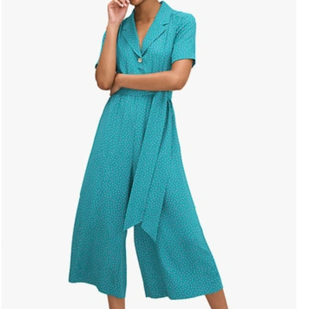 Kate Spade Poolside Dot Jumpsuit Emerald Green Pink Wide Leg Crop Belt Medium 8